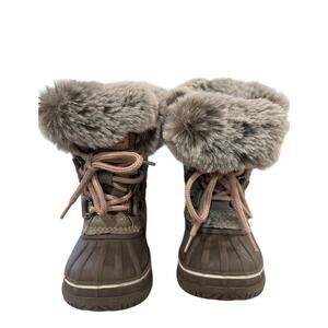 London Fog Collection Girls Faux Winter  Boots Enfield Taupe Pink Laces  Size 7T